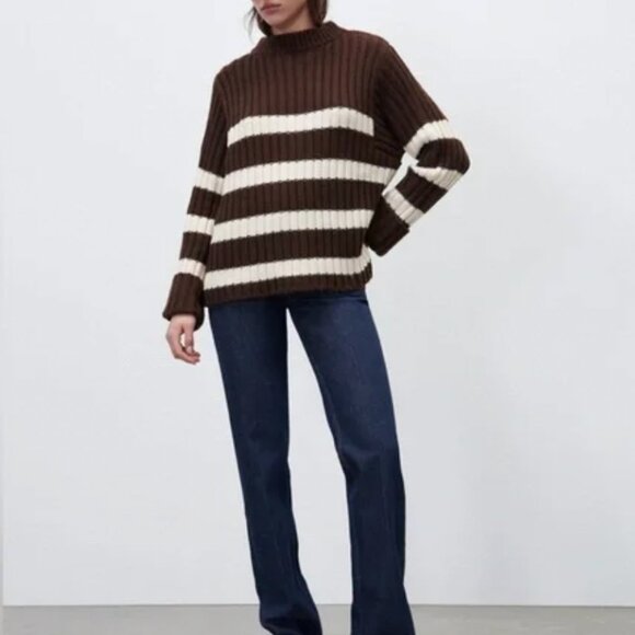 Zara Chunky Knit Sweater Cream & Brown Stripped - Picture 4 of 4